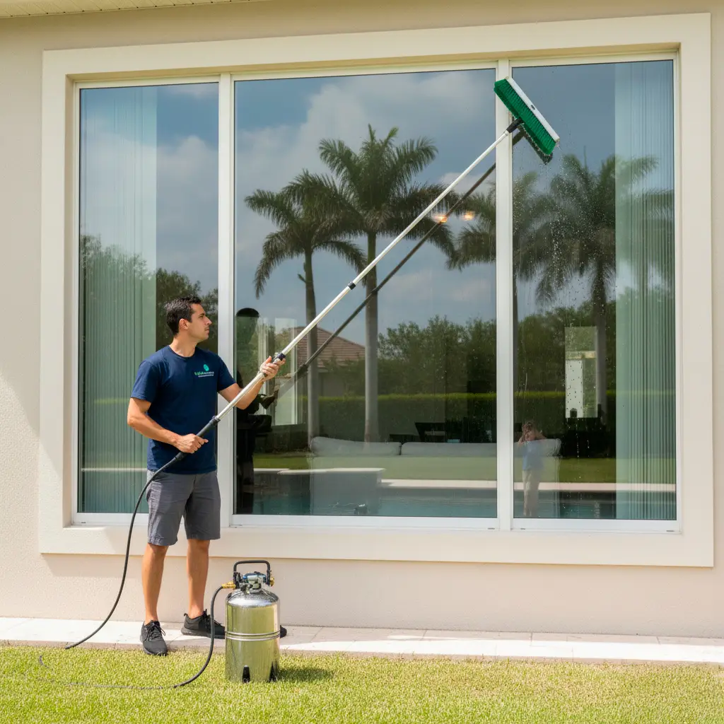 A man uses a long-handled brush attached to a hose and tank for window washing, cleaning a large glass window outside a house, with palm trees and a cloudy sky reflected in the glass.