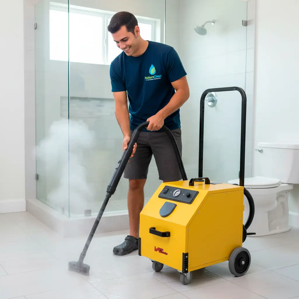 A man uses a yellow steam cleaning machine for Bathroom Deep Cleaning, smiling in a blue t-shirt, shorts, and sandals. The bathroom has a glass shower and toilet in the background, showcasing expert Steam Sanitization.