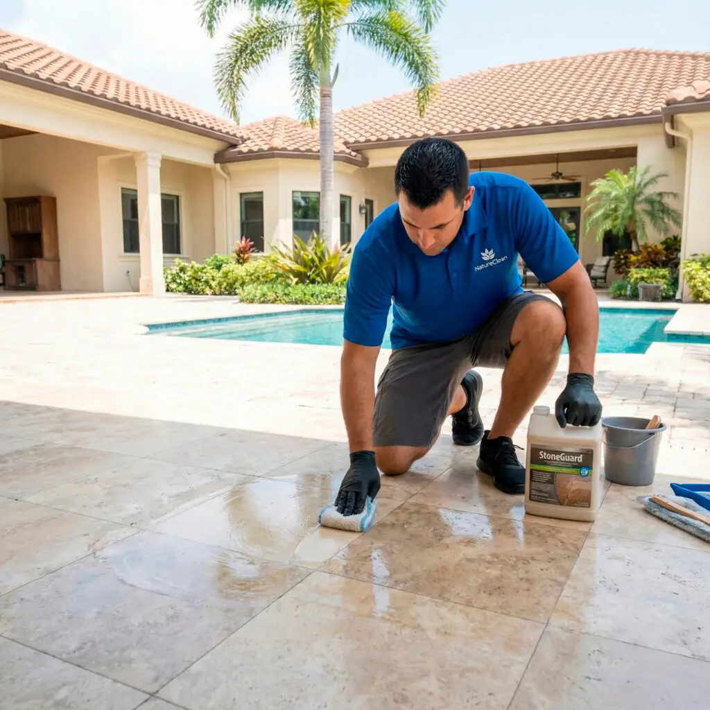 A man in a blue shirt and black gloves applies stone sealer to a tiled patio near a swimming pool outside a modern house with palm trees, preparing the space for luxury grill restoration.