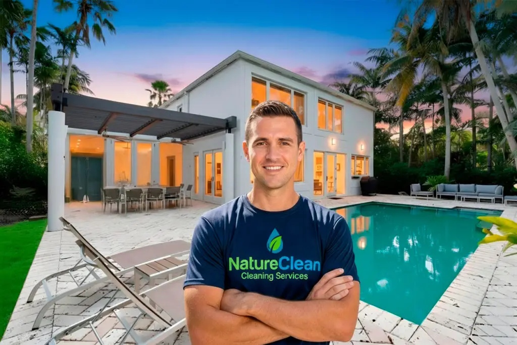 A smiling man in a NatureClean Cleaning Services shirt stands with arms crossed by a pool outside a modern, well-lit Bal Harbour house, surrounded by palm trees at sunset, showcasing expert sanitization services.