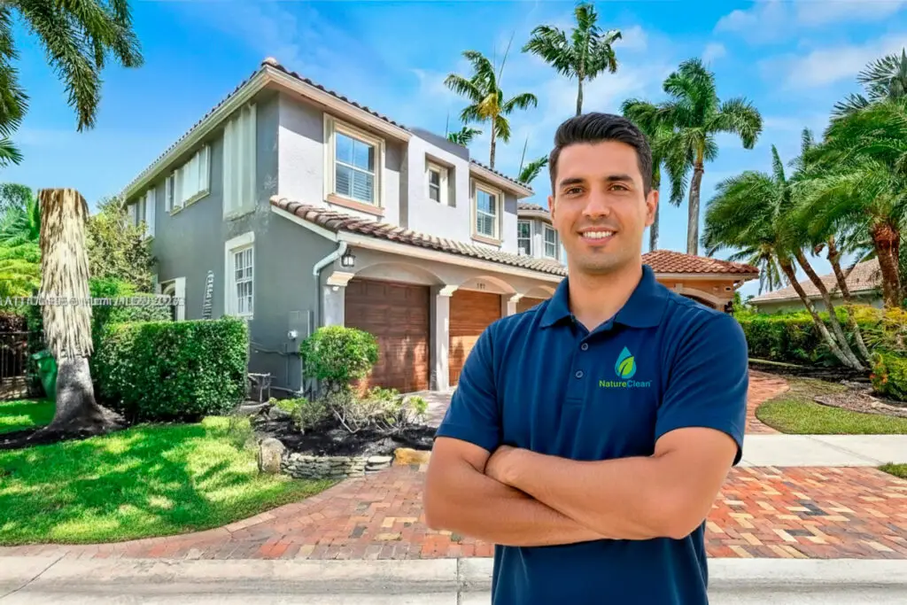 A man in a blue polo shirt stands smiling with arms crossed in front of a large suburban house, showcasing a well-kept brick driveway&mdash;thanks to Pembroke Pines surface cleaning&mdash;green lawn, palm trees, and clear blue sky.