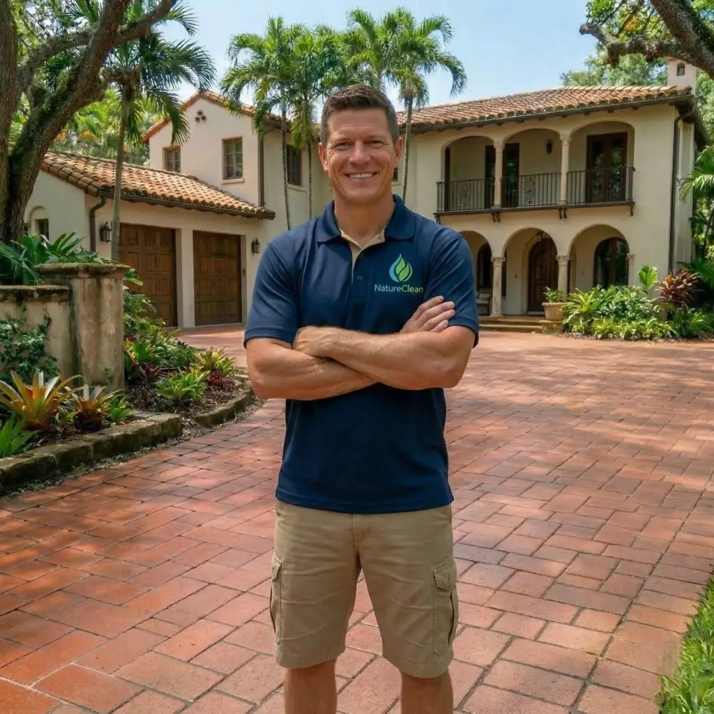 A man in a Nature Clean polo shirt and shorts stands smiling with arms crossed on a large tiled driveway in front of a Mediterranean-style house surrounded by lush greenery.