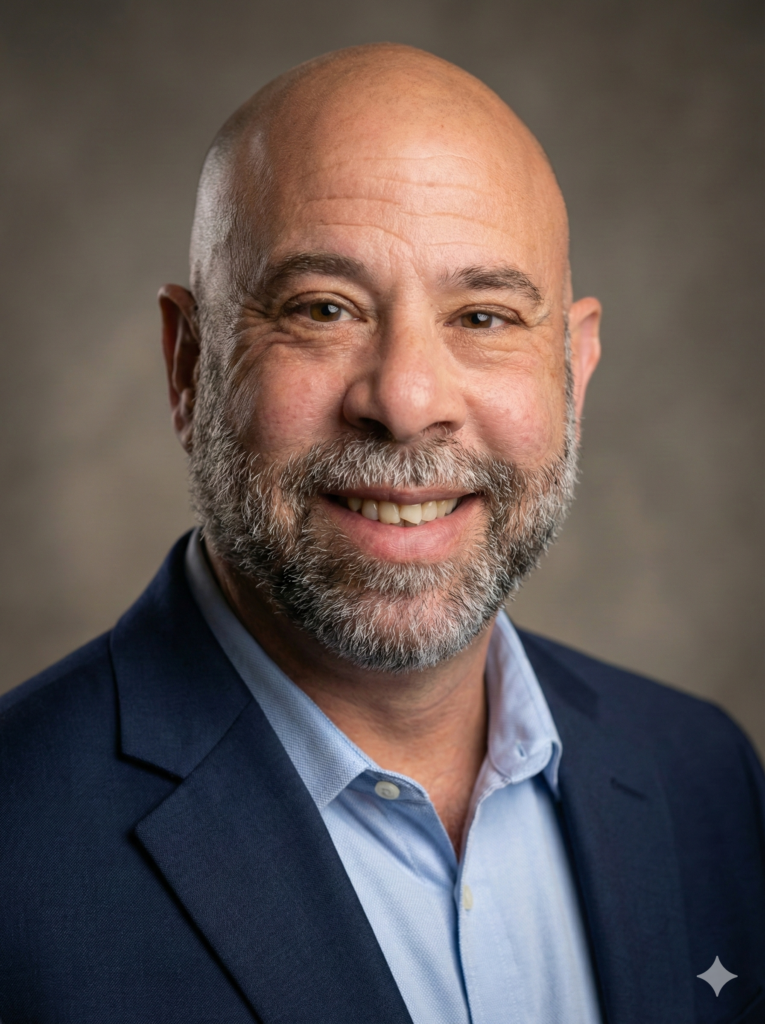 Franklin Hernandez 1 A bald man with a beard wearing a navy blue blazer and light blue shirt smiles at the camera, posed against a neutral, softly blurred background.