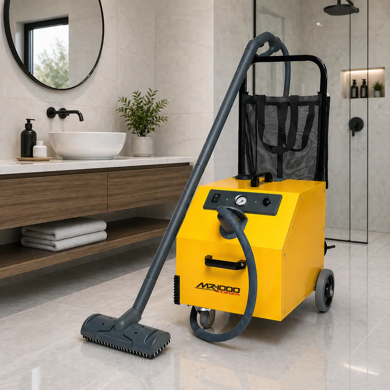 A yellow MR-1000 Forza Heavy Duty Steam Cleaning System with a long handle and wheels sits on the shiny tile floor of a modern bathroom featuring a floating vanity, round mirror, and minimalist decor.