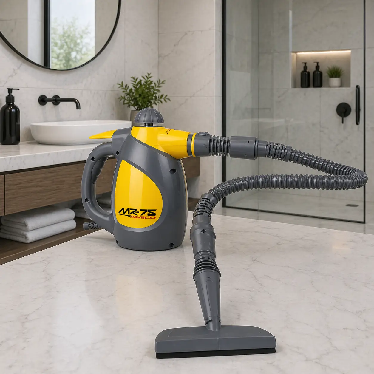 A yellow and gray handheld steam cleaner with a flexible hose is placed on a bathroom countertop; a modern bathroom with a round mirror, sink, and glass shower is visible in the background.