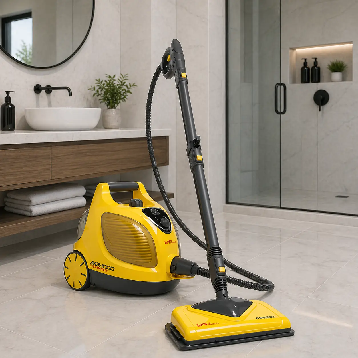 A yellow Vapamore MR-100 Primo steam cleaning system with a long handle sits on a clean, tiled bathroom floor near a modern sink and glass shower enclosure. Towels and decor are visible on the wooden vanity.
