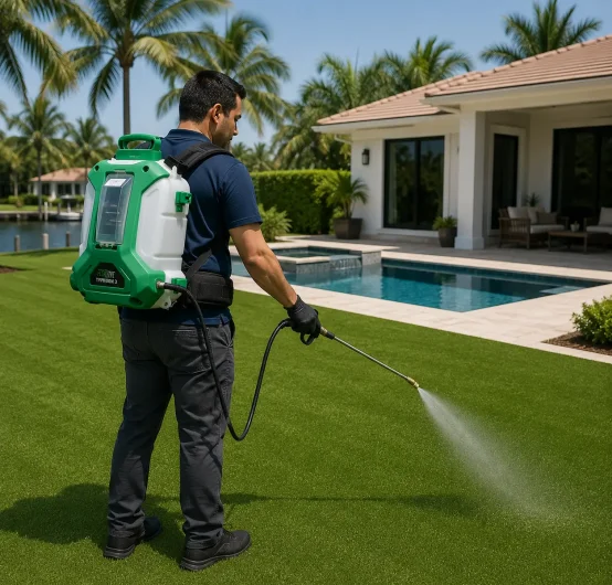 A person uses a backpack sprayer to apply liquid for artificial grass cleaning and pet odor elimination on a green lawn near a pool in a sunny backyard with palm trees and a modern house in the background.
