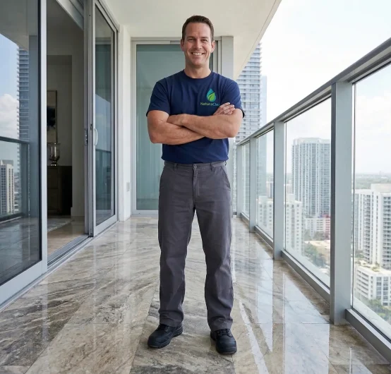 A man stands smiling with arms crossed on a modern, HOA compliant balcony with glass railings, wearing a navy blue shirt and gray pants. City buildings and a clear South Florida sky are visible in the background.