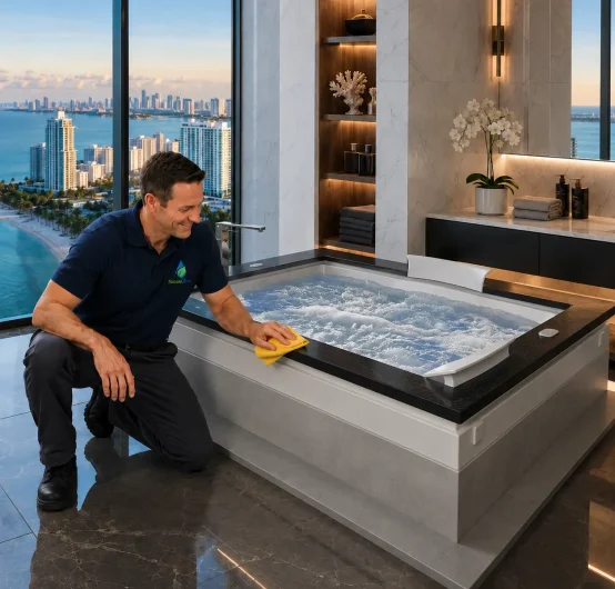 A man in uniform kneels and provides a technical bathtub cleaning service, meticulously cleaning the edge of a modern indoor hot tub in a luxurious bathroom with large windows overlooking the city skyline, waterfront, and high-rise buildings.