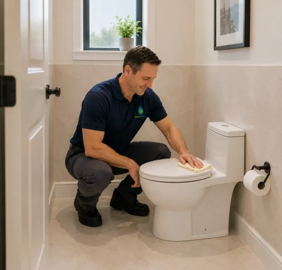 A man in a navy polo shirt and gray pants kneels on the floor, smiling as he cleans a white toilet with a yellow cloth—showcasing the care and detail of Technical Toilet Deep Cleaning Services in a bright, tidy bathroom.