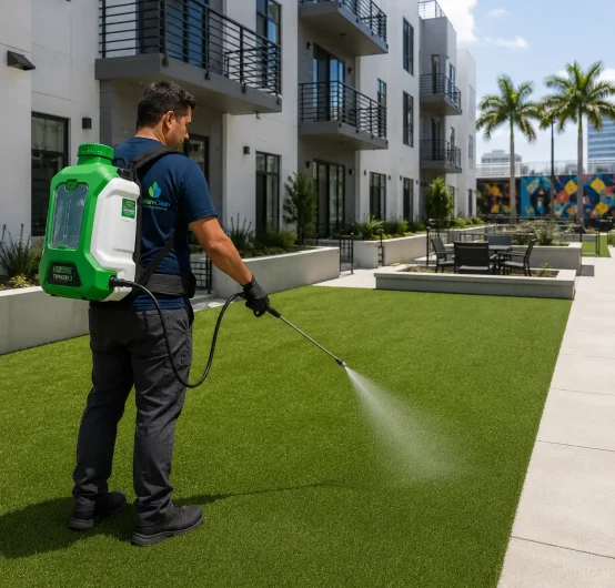 A person uses a backpack sprayer to apply liquid for artificial grass cleaning & pet odor elimination on artificial grass in a modern apartment courtyard with palm trees and outdoor seating.