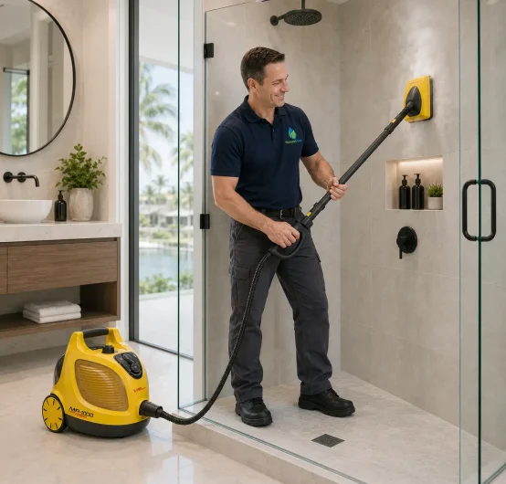 A man uses a yellow steam cleaner to clean the inside wall of a glass shower in a modern bathroom with beige tiles and contemporary decor, demonstrating an effective shower cleaning service.