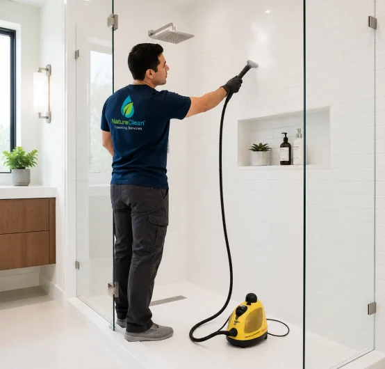 A man in cleaning attire uses a steam cleaner on white shower tiles in a modern bathroom, illustrating a professional approach to Shower Mold Restoration. The cleaner emits steam as he targets problem areas, while cleaning supplies sit neatly on a built-in shelf. The room is bright and tidy, reflecting the effectiveness of this technical bathroom mold removal service.