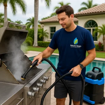 Technician using vapor steam to deep clean a Hestan grill in Aventura, FL.