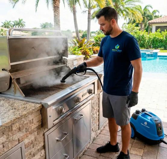 A man in gloves uses a steam cleaner to clean the grill of an outdoor barbecue on a pool deck, surrounded by palm trees and patio furniture, showcasing expert Pool Deck Care.