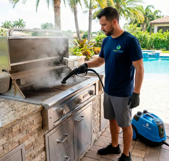 A man wearing gloves uses a steam cleaning machine to provide surface restoration for the grill of an outdoor barbecue near a swimming pool in Coral Gables, with palm trees and houses in the background.