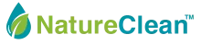 Logo for NatureClean featuring a blue water droplet with a green leaf inside, followed by the word NatureClean in green and blue text.