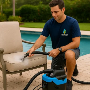 technician steam cleaning patio furniture in south florida