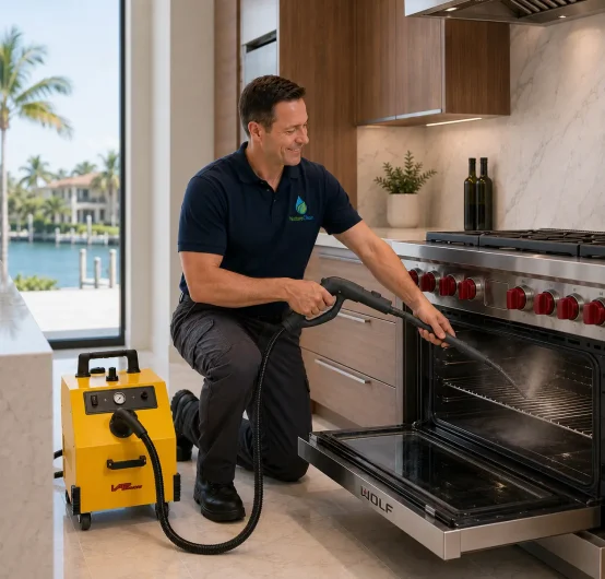 A man in a navy shirt kneels and uses a yellow steam cleaning machine to clean the open door of a stainless steel oven, showcasing a professional Oven Cleaning Service in a modern kitchen with a water view outside the window.