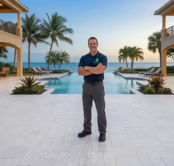 A man in a dark polo shirt and gray pants stands confidently with arms crossed in the courtyard of a luxury villa, showcasing a pristine, professionally cleaned patio with a pool, palm trees, loungers, and an ocean view at sunset.