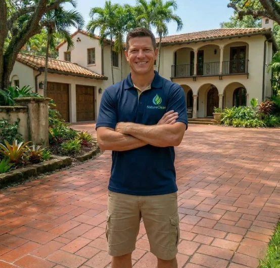 A man wearing a navy polo shirt and khaki shorts stands smiling with arms crossed on a large brick driveway in front of a Mediterranean-style house with palm trees and lush landscaping.