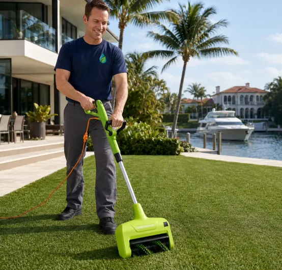 A person uses a green electric lawn tool on grass near a waterfront home with palm trees, a boat, and a sunny sky in the background, focusing on artificial grass cleaning & pet odor elimination to keep the outdoor space fresh and inviting.