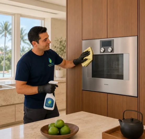 A man wearing black gloves wipes a built-in oven with a yellow cloth while holding a spray bottle in a modern kitchen, demonstrating careful attention similar to Microwave Oven Cleaning. A bowl of limes and a black teapot are on the counter. Large windows show palm trees outside.