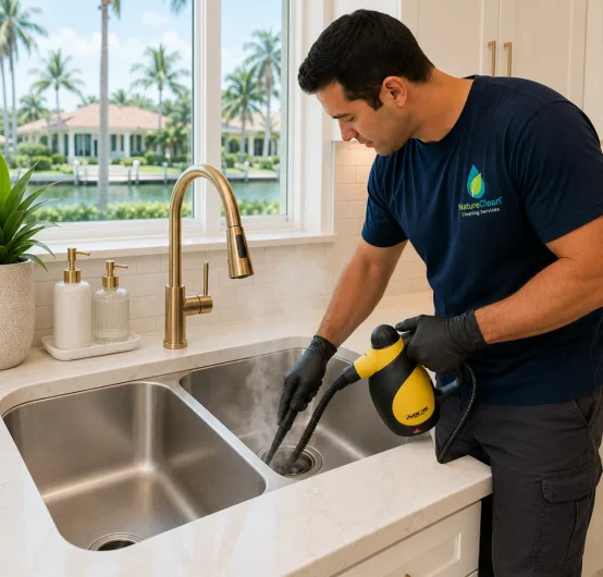 A man wearing gloves uses a handheld steam cleaner for efficient Sink & Garbage Disposal Cleaning, targeting the drain of a modern kitchen sink, with palm trees visible through the window in the background.