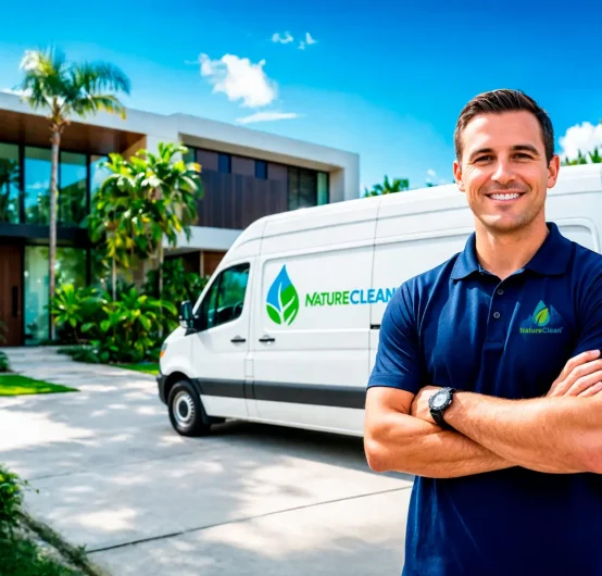 A smiling man in a navy Nature Clean polo shirt stands with arms crossed in front of a white Nature Clean van, ready to deliver professional cleaning services for estate preservation outside a modern Miami home surrounded by lush greenery.