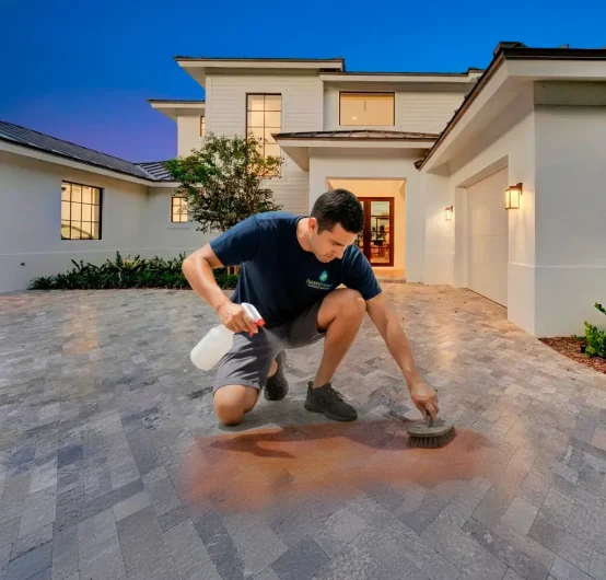 A man in shorts and a t-shirt kneels on a stone driveway outside a modern house at dusk, scrubbing the pavers with a brush and holding a spray bottle&mdash;expert pool deck care in the style of Pompano Beach Surface Cleaning. The outside lights are on.