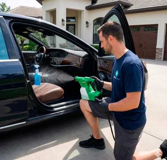 A man kneels outside an open car door, using a green spray device for automotive interior odor elimination and disinfecting the car’s interior. He wears gloves and casual clothes, with a spray bottle placed on the car seat.