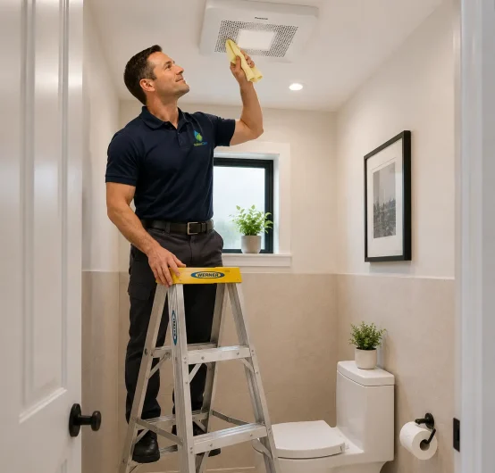 A man stands on a stepladder, performing technical bathroom fan cleaning near me as he wipes the ceiling vent with a cloth. He wears a navy polo and dark pants. The bright bathroom features potted plants, a toilet, and framed picture on the wall.