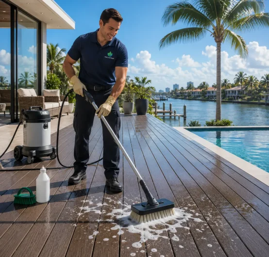 A man in gloves scrubs a soapy wooden deck near a pool and waterfront, with a vacuum machine and cleaning supplies beside him, under a sunny sky with palm trees&mdash;showcasing the meticulous attention to detail provided by this professional Deck Cleaning Service.