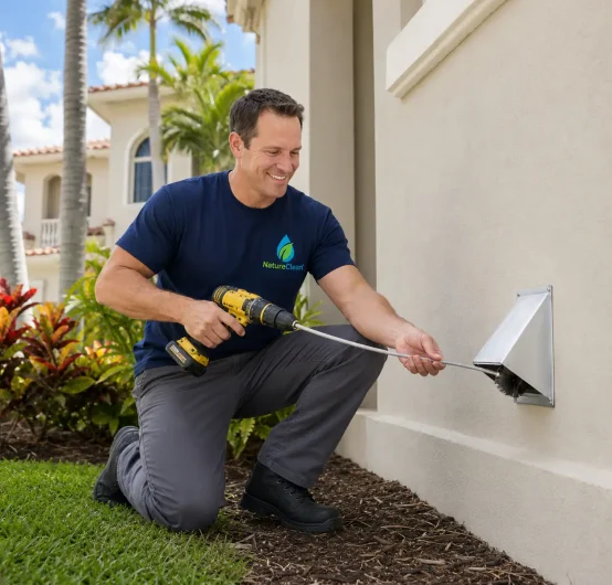 A man kneels outside a house, using a drill and flexible tool to clean a vent as part of a Technical Dryer Vent Cleaning Service. He wears a navy shirt with the Nature Clean logo. Bushes and palm trees are in the background, emphasizing the importance of professional Dryer Duct Airflow Restoration for safety and efficiency.