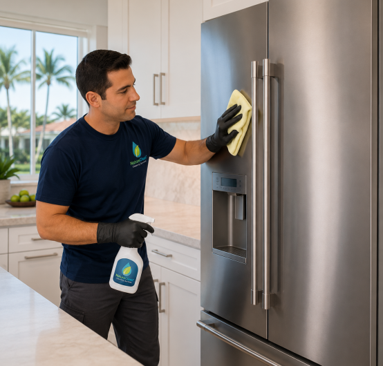 A man wearing gloves cleans a stainless steel refrigerator with a cloth and spray bottle in a bright, modern kitchen with palm trees visible outside the window, exemplifying the care and professionalism of a Refrigerator Cleaning Service.