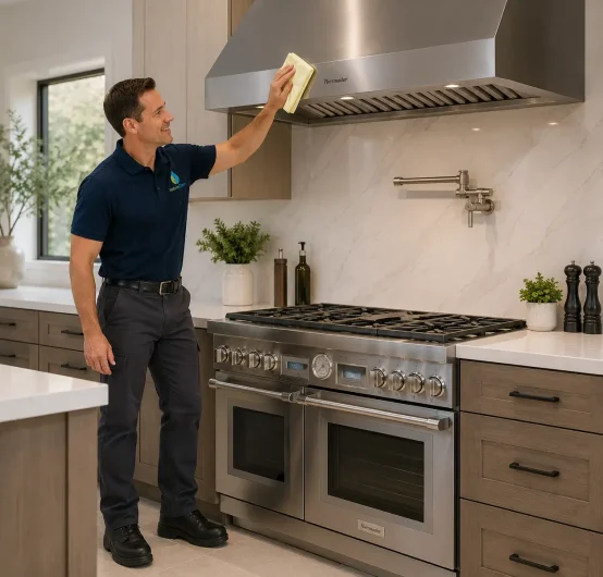 A man in a navy polo shirt provides technical range hood cleaning service, wiping a stainless steel kitchen range hood with a yellow cloth in a modern kitchen with light wood cabinets and a marble backsplash.