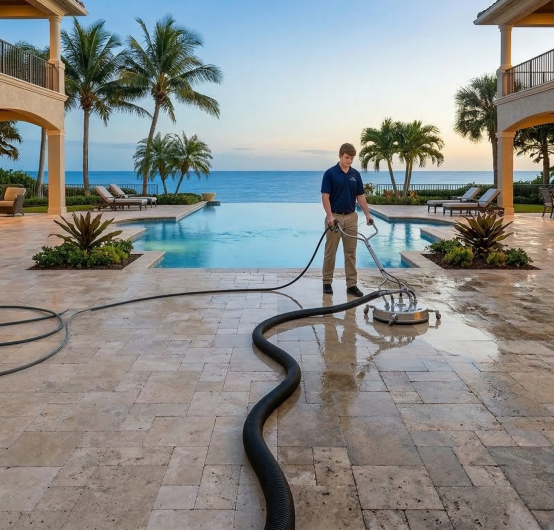 A technician expertly performing patio cleaning with a pressure washer on a travertine patio at a luxury oceanfront estate, featuring an infinity pool, palm trees, and stunning ocean views at dusk.