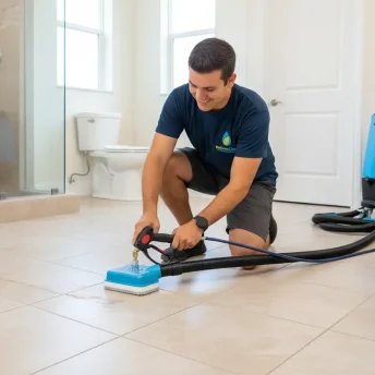 technician cleaning tile and grout on floor in a south Florida home