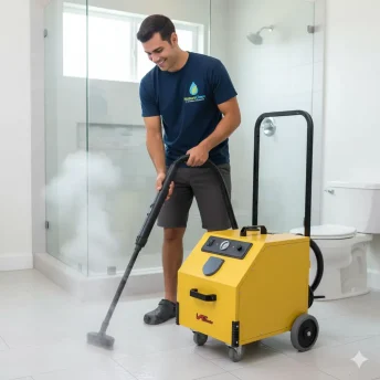 Technician Performing Bathroom Floor Steam Cleaning Service with Steam Machine