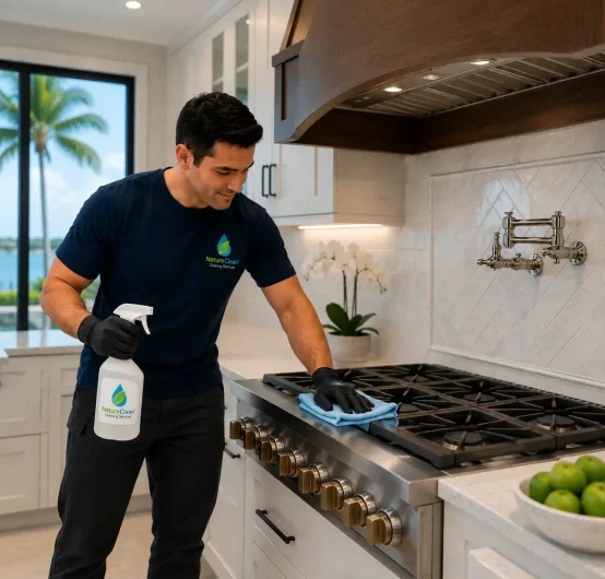A man wearing gloves cleans a kitchen stove with a spray bottle and cloth. The modern Elementor-inspired kitchen features sleek white cabinets, a bowl of limes, and a window with a view of palm trees and water.
