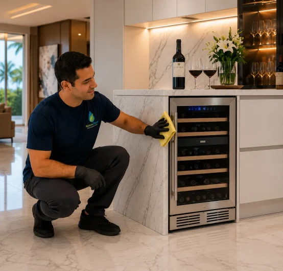 A man in gloves kneels and wipes the front of a built-in wine fridge in a modern kitchen, meticulously attending to his wine fridge cleaning routine. A wine bottle, two glasses, and a flower vase are arranged on the marble countertop above the fridge.