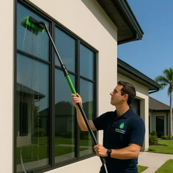A man in a navy polo shirt uses a long-handled brush and water to clean the exterior windows one our best services of a modern house on a sunny day, with palm trees visible in the background.